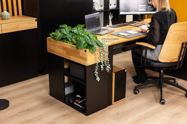 biurko z drewnianym blatem i kwietnikiem biurko z drewnianym blatem i kwietnikiem